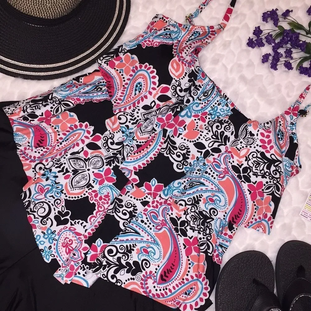 Women's Black Swimdress with Pink & Blue Paisley Print